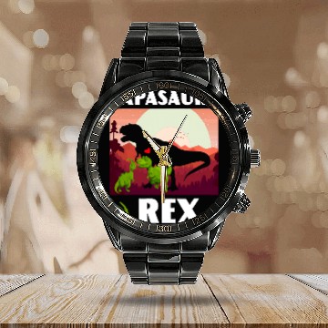 Discover Dinosaur Pet Fathers Day Papasaurus rexs Funny Dinosaur Daddy Zip Calendar Steel Band Watch