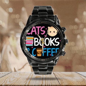 Discover Book Fun Reading Cats And Coffee Book Nerd Cat Lover Kitten Calendar Steel Band Watch