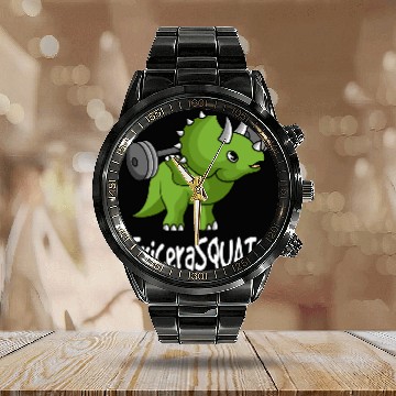 Discover Dinosaur Pet Tricerasquats Triceratops Squat Personal Trainer Baseball Tees Calendar Steel Band Watch