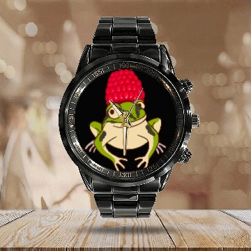 Discover Frog Pet With Raspberry Hat Amphibian Tadpole Frog Lover Calendar Steel Band Watch