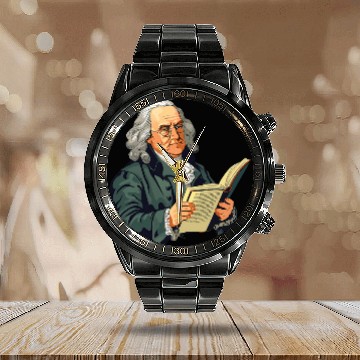 Discover Book Fun Benjamin Franklin Reading A Book Calendar Steel Band Watch