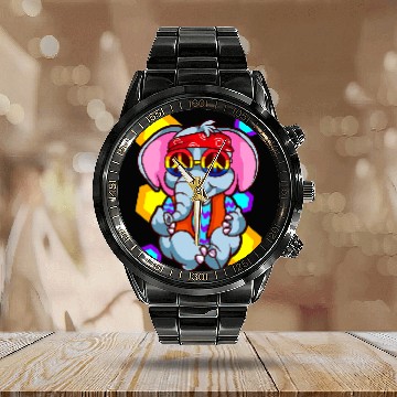 Discover Elephant Mammal Retro Hippie Peace Elephant Love Animals Zip Calendar Steel Band Watch