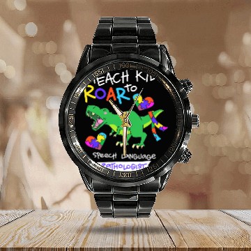 Discover Dinosaur Pet Speech Language Pathologist Dinosaur TRex Roar II Calendar Steel Band Watch