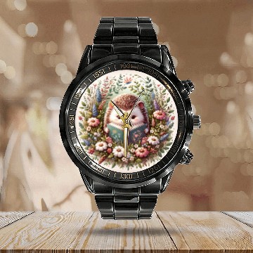 Discover Book Fun Cute Cottagecore Aesthetic Hedgehog Reading Book Flowers Zip Calendar Steel Band Watch