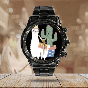 Discover Llama Pet Cute Boho Hipster Llama Alpaca Kawaii Cactus Art Pattern Calendar Steel Band Watch