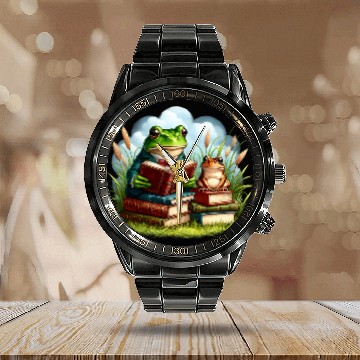 Discover Book Fun Frog Reading Book Frog Toad Fishing vintages Classic Book Calendar Steel Band Watch