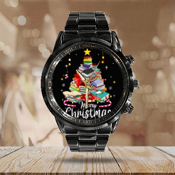 Discover Book Fun Merry Christmas Tree Love Reading Books Librarian nerd 8 Calendar Steel Band Watch