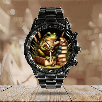 Discover Book Fun Frog Toad Fishing Funny Classic Book Frog Reading Book Zip Calendar Steel Band Watch