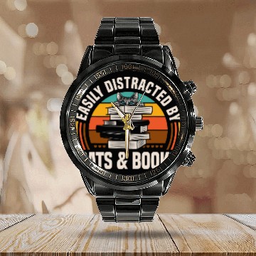 Discover Book Fun Easily Distracted by Cats and Books Book Cat Lovers Baseball Tees Calendar Steel Band Watch