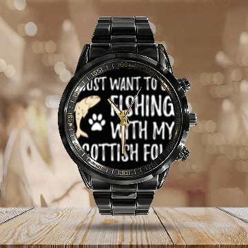 Discover Fishing Fun Scottish Fold For Boating Cat Mom Or Cat Dad Zip Calendar Steel Band Watch