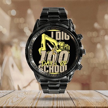 Discover Excavator Fun I Dig 100 Days of School Zip Calendar Steel Band Watch