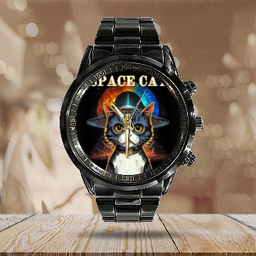 Discover Aliens UFO Cat Meme Calendar Steel Band Watch