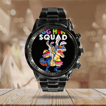 Discover Dinosaur Pet Rabbits Egg Hunt Squad Saurus Bunny Rabbit Easter Funny Boy Toddler Calendar Steel Band Watch