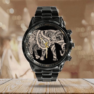Discover Elephant Mammal Short Sleeve Graphic Mandala Elephant Boho Calendar Steel Band Watch