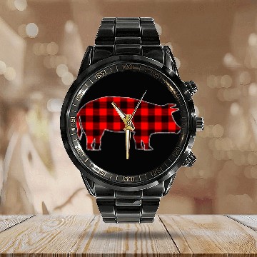 Discover Pig Pet Red black plaid gingham Pig Christmas Matching Pajama Calendar Steel Band Watch