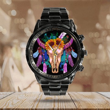 Discover Cow Pet Country Boho Cow Skull With Sunflowers And Feathers Calendar Steel Band Watch