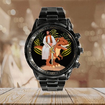 Discover Dinosaur Pet Funny Jesus sitting on Trex Cool Calendar Steel Band Watch