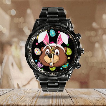 Discover Beaver Pet Funny Easter Egg Lover Bunny Ear Beaver Face Easter Sunday Calendar Steel Band Watch