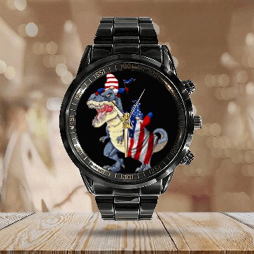 Discover Dinosaur Pet Gnomes Driving Dinosaur T rexs American Flag Calendar Steel Band Watch