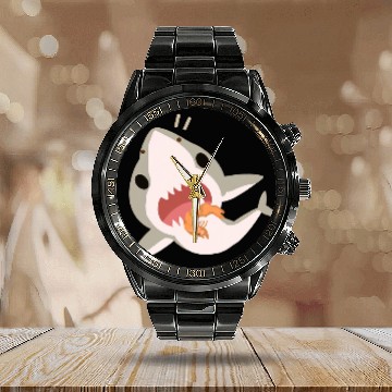 Discover Shark Pet Shrimps Cute Cartoon Shark Chasing a Shrimp Baseball Tees Calendar Steel Band Watch