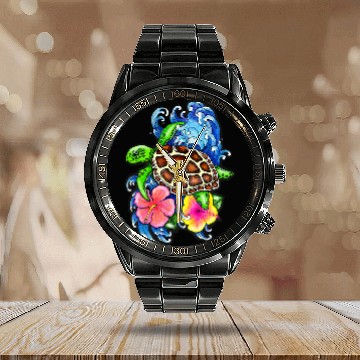 Discover Turtle Pet and Hibiscus Calendar Steel Band Watch