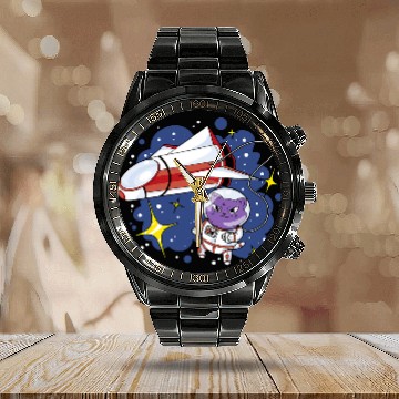 Discover Astronaut Job Space Cat taking a space walk outside the Spaceship Calendar Steel Band Watch