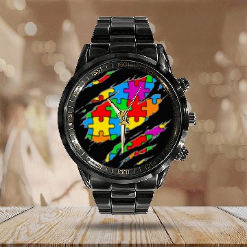 Discover Autism Puzzle  Kids Puzzle Sayings Graphic Plus Size Calendar Steel Band Watch