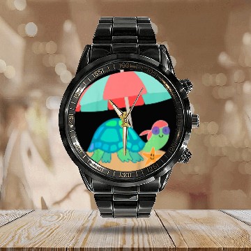 Discover Turtle Pet Kids Vacation Themed Turtle with Starfish Calendar Steel Band Watch