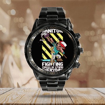 Discover Funny Janitor Fighting Forces Of Stupidity Everyday Calendar Steel Band Watch