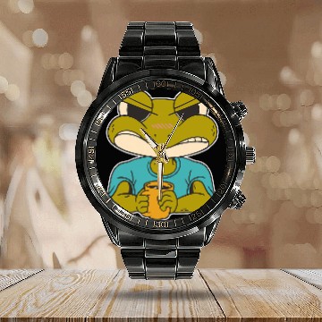 Discover Frog Pet Funny cartoon angry morning frog drinking coffee toad coffee Calendar Steel Band Watch