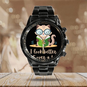 Discover Book Fun I look better bent over a book cute cat reading Calendar Steel Band Watch
