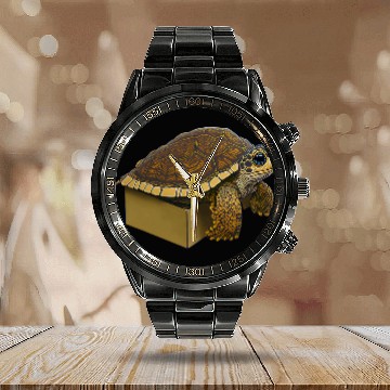 Discover Turtle Pet Box Turtle Climbing Out of a Box Calendar Steel Band Watch