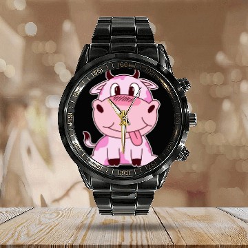 Discover Cow Pet Cute Strawberry Cow Pink Calendar Steel Band Watch