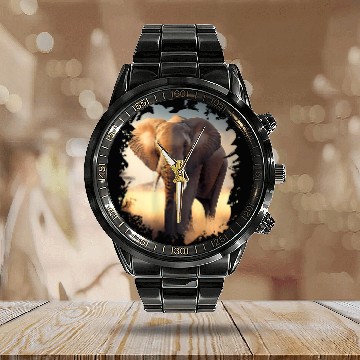Discover Elephant Mammal Backprint Lonely elephant in the African savanna Calendar Steel Band Watch