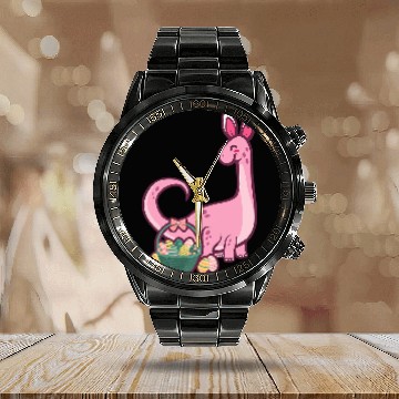 Discover Dinosaur Pet Brontosaurus Dinosaur Easter Bunny Egg Hunting Funny Easter Zip Calendar Steel Band Watch