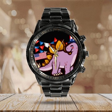 Discover Dinosaur Pet America 4th of July Independence Day Stegosaurus Baseball Tees Calendar Steel Band Watch