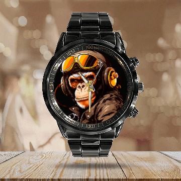 Discover Gorilla Pet Monkey Ape In Jacket Sunglasses Pilot Flight Racing Zip Calendar Steel Band Watch