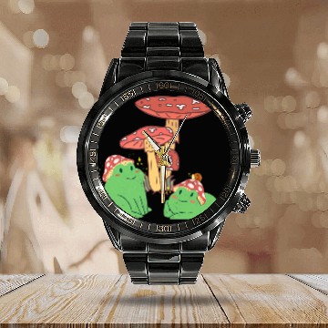 Discover Frog Pet Mushroom Hat with Snail Cottagecore Aesthetic Zip Calendar Steel Band Watch
