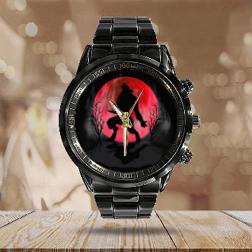Discover Coyote Mammal Werewolfs Howling Under A Red Blood Full Moon Silhouette Calendar Steel Band Watch
