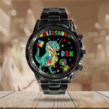 Discover Autism Puzzle Dino Unclesaurus Autism Awareness Uncle Dinosaur Zip Calendar Steel Band Watch