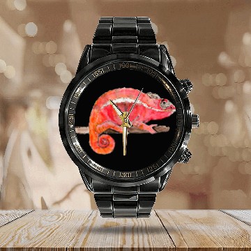 Discover Chameleon Pet Red chameleon climbs on a branch watercolour style Baseball Tees Calendar Steel Band Watch