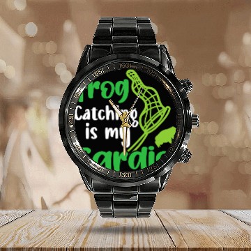 Discover Frog Pet Green Frog Hunting and Cute Frog Catcher 4 Calendar Steel Band Watch
