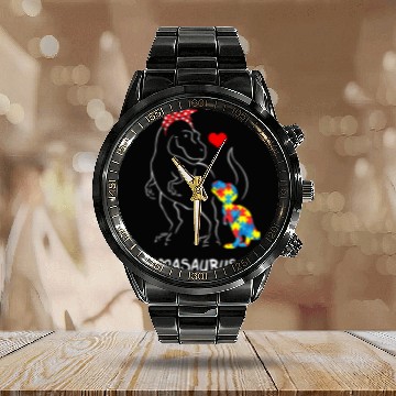 Discover Autism Puzzle Dino Mamasaurus T rexs Dinosaur Mama Saurus Zip Calendar Steel Band Watch