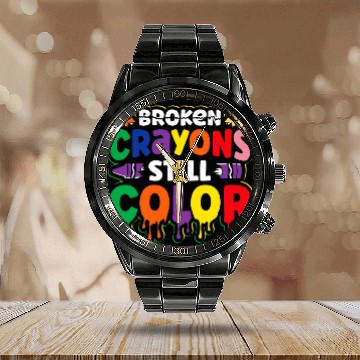 Discover Autism Puzzle Broken Crayons Still Color Mental Health Zip Calendar Steel Band Watch
