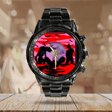 Discover Goats Pet White Moon Red Sky Cryptid Group Goatsman Wendigo Mothman Calendar Steel Band Watch