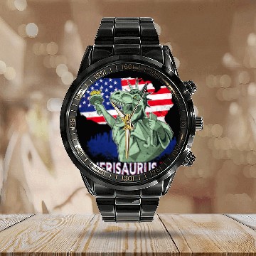 Discover Dinosaur Pet Amerisaurus T rexs American Flag Independence Day Merica Calendar Steel Band Watch