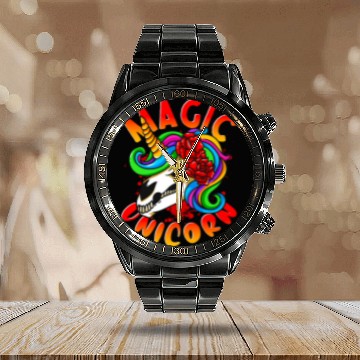 Discover Unicorn Pet Magic Unicorn RocknRoll Skull Roses Rainbow Calendar Steel Band Watch