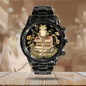Discover Frog Pet Cottagecore Aesthetic Frog Reading Book Mushroom Lover 5 Calendar Steel Band Watch
