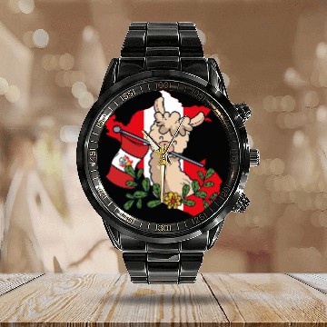 Discover Llama Pet Alpaca Peru Flag Map Saying of lovable Peruvian Calendar Steel Band Watch