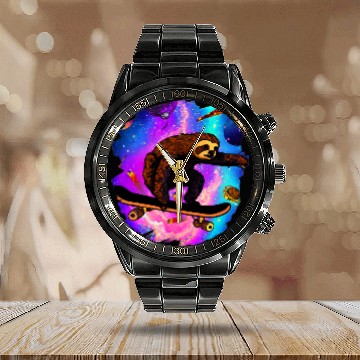 Discover Sloth Pet Gift Skateboarding Outer Space Retro vintages Skater Sloth Calendar Steel Band Watch